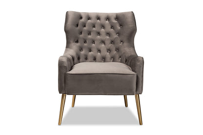Baxton Studio Nelson Modern Luxe and Glam Grey Velvet Fabric Upholstered and Gold Finished Metal Armchair