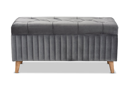 Baxton Studio Hanley Modern and Contemporary Grey Velvet Fabric Upholstered and Walnut Brown Finished Wood Storage Ottoman