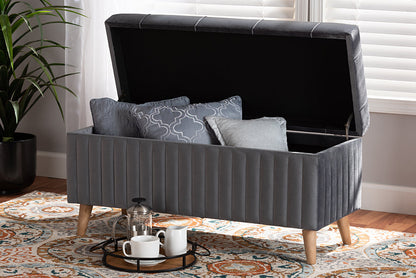 Baxton Studio Hanley Modern and Contemporary Grey Velvet Fabric Upholstered and Walnut Brown Finished Wood Storage Ottoman