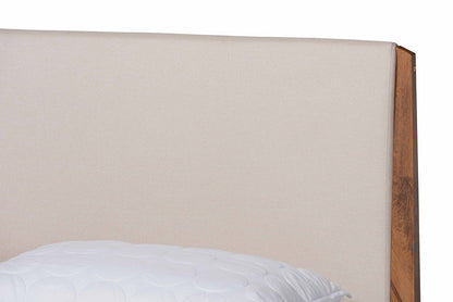 Baxton Studio Lenora Mid-Century Modern Beige Fabric Upholstered and Walnut Brown Finished Wood King Size Platform Bed