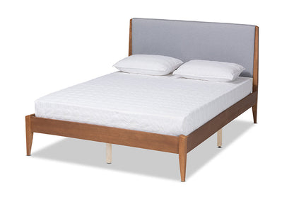 Baxton Studio Lenora Mid-Century Modern Grey Fabric Upholstered and Walnut Brown Finished Wood King Size Platform Bed