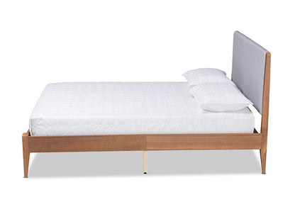 Baxton Studio Lenora Mid-Century Modern Grey Fabric Upholstered and Walnut Brown Finished Wood King Size Platform Bed