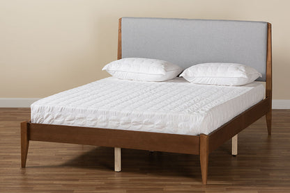 Baxton Studio Lenora Mid-Century Modern Grey Fabric Upholstered and Walnut Brown Finished Wood King Size Platform Bed