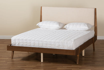 Baxton Studio Senna Mid-Century Modern Beige Fabric Upholstered and Walnut Brown Finished Wood Full Size Platform Bed