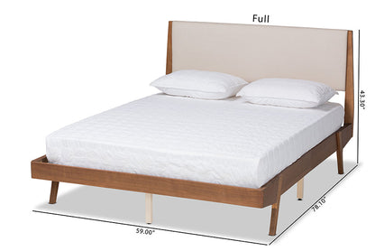 Baxton Studio Senna Mid-Century Modern Beige Fabric Upholstered and Walnut Brown Finished Wood Queen Size Platform Bed