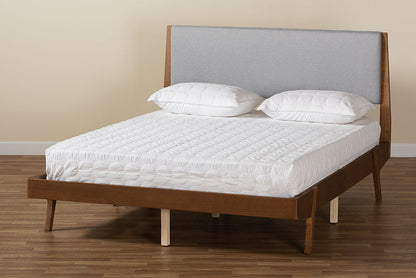 Baxton Studio Senna Mid-Century Modern Grey Fabric Upholstered and Walnut Brown Finished Wood King Size Platform Bed