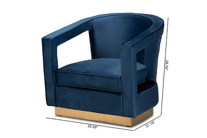 Baxton Studio Neville Modern Luxe and Glam Navy Blue Velvet Fabric Upholstered and Gold Finished Metal Armchair