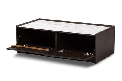Baxton Studio Walker Modern and Contemporary Dark Brown and Gold Finished Wood Coffee Table with Faux Marble Top