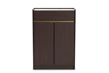 Baxton Studio Walker Modern and Contemporary Dark Brown and Gold Finished Wood Shoe Cabinet with Faux Marble Top