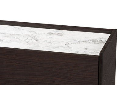 Baxton Studio Walker Modern and Contemporary Dark Brown and Gold Finished Wood Shoe Cabinet with Faux Marble Top