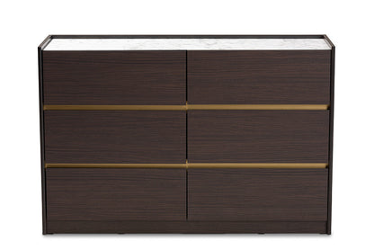 Baxton Studio Walker Modern and Contemporary Dark Brown and Gold Finished Wood 6-Drawer Dresser with Faux Marble Top