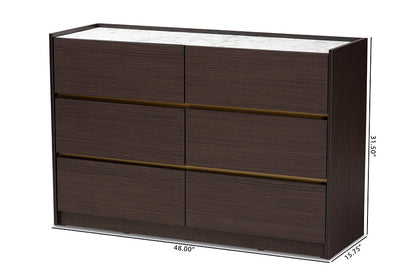 Baxton Studio Walker Modern and Contemporary Dark Brown and Gold Finished Wood 6-Drawer Dresser with Faux Marble Top
