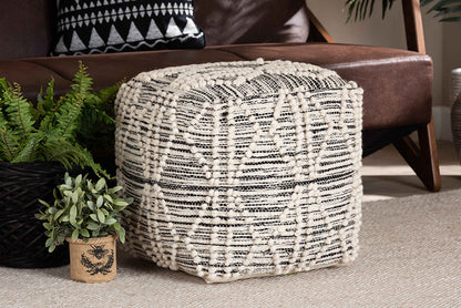 Baxton Studio Sentir Modern and Contemporary Moroccan Inspired Ivory and Black Handwoven Wool Blend Pouf Ottoman