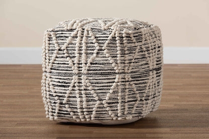 Baxton Studio Sentir Modern and Contemporary Moroccan Inspired Ivory and Black Handwoven Wool Blend Pouf Ottoman