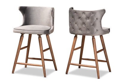 Baxton Studio Sagira Modern and Contemporary Transitional Grey Velvet Fabric Upholstered and Walnut Brown Finished Wood 2-Piece Counter Stool Set