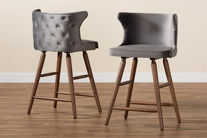 Baxton Studio Sagira Modern and Contemporary Transitional Grey Velvet Fabric Upholstered and Walnut Brown Finished Wood 2-Piece Counter Stool Set