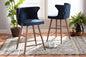 Baxton Studio Sagira Modern and Contemporary Transitional Navy Blue Velvet Fabric Upholstered and Walnut Brown Finished Wood 2-Piece Counter Stool Set