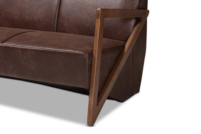 Baxton Studio Christa Mid-Century Modern Transitional Dark Brown Faux Leather Effect Fabric Upholstered and Walnut Brown Finished Wood Sofa