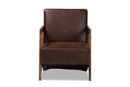 Baxton Studio Christa Mid-Century Modern Transitional Dark Brown Faux Leather Effect Fabric Upholstered and Walnut Brown Finished Wood Accent Chair