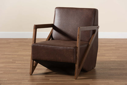 Baxton Studio Christa Mid-Century Modern Transitional Dark Brown Faux Leather Effect Fabric Upholstered and Walnut Brown Finished Wood Accent Chair