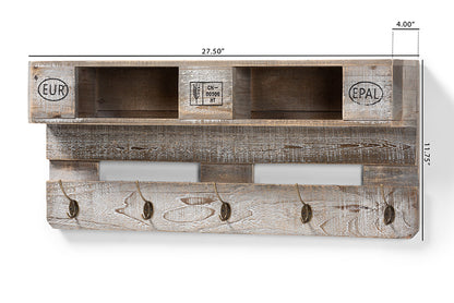 Baxton Studio Ferguson Vintage Rustic Whitewashed Grey Oak Finished Wood Wall Mounted Coat Rack with Shelves