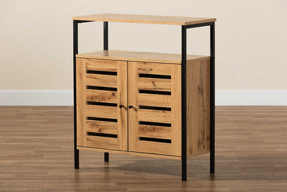 Baxton Studio Vander Modern and Contemporary Oak Brown Finished Wood and Black Metal 2-Door Shoe Cabinet