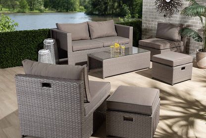 Baxton Studio Haina Modern and Contemporary Grey Fabric Upholstered and Grey Finished Synthetic Rattan 6-Piece Patio Set