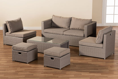 Baxton Studio Haina Modern and Contemporary Grey Fabric Upholstered and Grey Finished Synthetic Rattan 6-Piece Patio Set