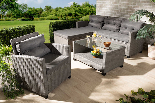 Baxton Studio Darian Modern and Contemporary Grey Fabric Upholstered and Grey Synthetic Rattan 4-Piece Patio Set