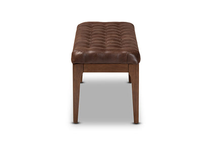 Baxton Studio Walsh Mid-Century Modern Dark Brown Leather-Effect Polyester Fabric Upholstered and Walnut Brown Finished Wood Dining Bench