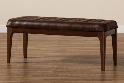 Baxton Studio Walsh Mid-Century Modern Dark Brown Leather-Effect Polyester Fabric Upholstered and Walnut Brown Finished Wood Dining Bench