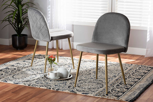 Baxton Studio Fantine Modern Luxe and Glam Grey Velvet Fabric Upholstered and Gold Finished Metal 2-Piece Dining Chair Set