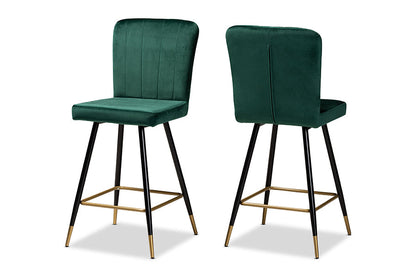 Baxton Studio Preston Modern Luxe and Glam Green Velvet Fabric Upholstered and Two-Tone Black and Gold Finished Metal 2-Piece Bar Stool Set