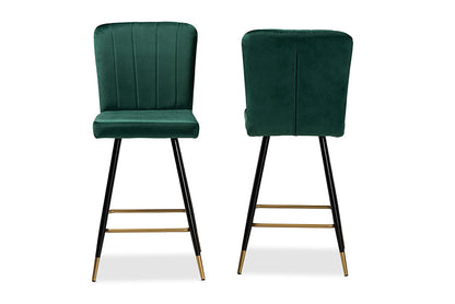 Baxton Studio Preston Modern Luxe and Glam Green Velvet Fabric Upholstered and Two-Tone Black and Gold Finished Metal 2-Piece Bar Stool Set