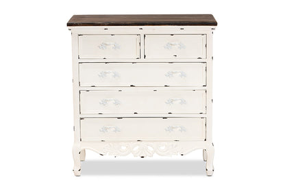 Baxton Studio Levron Classic and Traditional Two-Tone Walnut Brown and Antique White Finished Wood 5-Drawer Storage Cabinet