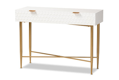 Baxton Studio Galia Modern and Contemporary White Finished Wood and Gold Metal 1-Drawer Console Table