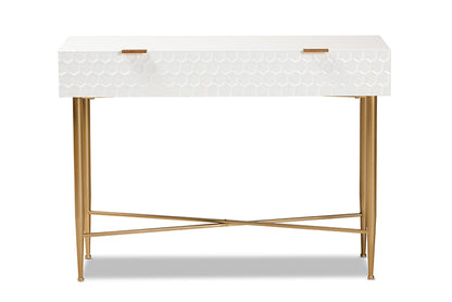 Baxton Studio Galia Modern and Contemporary White Finished Wood and Gold Metal 1-Drawer Console Table