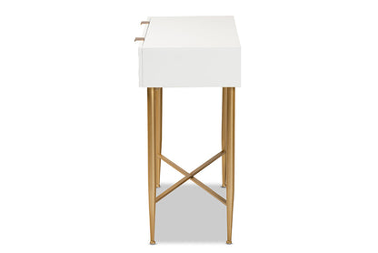 Baxton Studio Galia Modern and Contemporary White Finished Wood and Gold Metal 1-Drawer Console Table