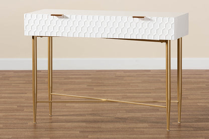 Baxton Studio Galia Modern and Contemporary White Finished Wood and Gold Metal 1-Drawer Console Table