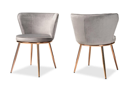 Baxton Studio Farah Modern Luxe and Glam Grey Velvet Fabric Upholstered and Rose Gold Finished Metal 2-Piece Dining Chair Set