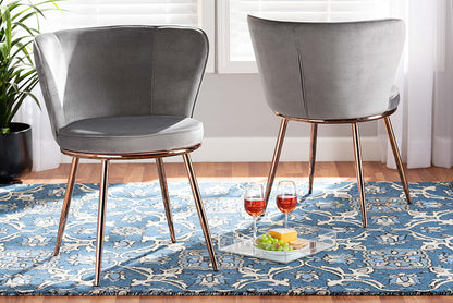 Baxton Studio Farah Modern Luxe and Glam Grey Velvet Fabric Upholstered and Rose Gold Finished Metal 2-Piece Dining Chair Set