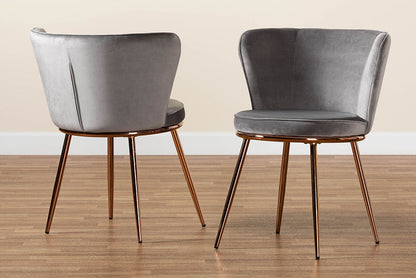 Baxton Studio Farah Modern Luxe and Glam Grey Velvet Fabric Upholstered and Rose Gold Finished Metal 2-Piece Dining Chair Set