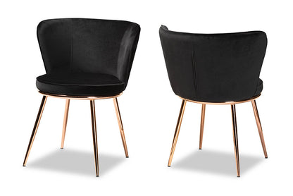 Baxton Studio Farah Modern Luxe and Glam Black Velvet Fabric Upholstered and Rose Gold Finished Metal 2-Piece Dining Chair Set