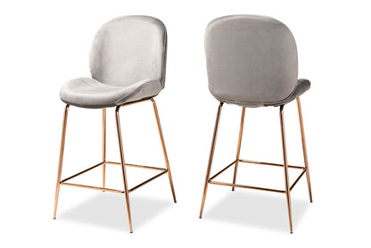 Baxton Studio Lander Modern Luxe and Glam Grey Velvet Fabric Upholstered and Rose Gold Finished Metal 2-Piece Counter Stool Set
