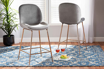 Baxton Studio Lander Modern Luxe and Glam Grey Velvet Fabric Upholstered and Rose Gold Finished Metal 2-Piece Counter Stool Set