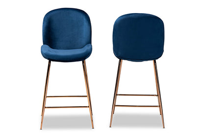 Baxton Studio Lander Modern Luxe and Glam Navy Blue Velvet Fabric Upholstered and Rose Gold Finished Metal 2-Piece Counter Stool Set