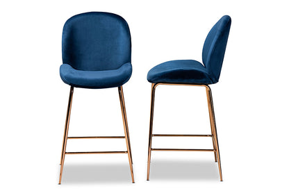 Baxton Studio Lander Modern Luxe and Glam Navy Blue Velvet Fabric Upholstered and Rose Gold Finished Metal 2-Piece Counter Stool Set