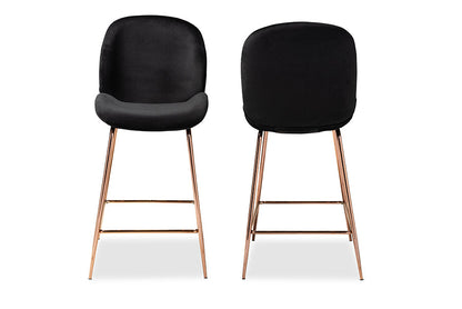 Baxton Studio Lander Modern Luxe and Glam Black Velvet Fabric Upholstered and Rose Gold Finished Metal 2-Piece Counter Stool Set
