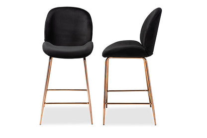 Baxton Studio Lander Modern Luxe and Glam Black Velvet Fabric Upholstered and Rose Gold Finished Metal 2-Piece Counter Stool Set