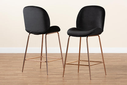 Baxton Studio Lander Modern Luxe and Glam Black Velvet Fabric Upholstered and Rose Gold Finished Metal 2-Piece Counter Stool Set